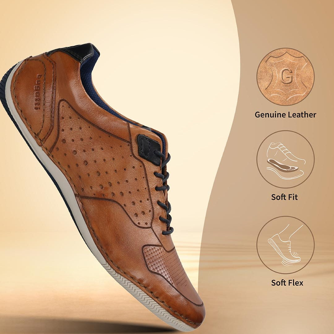 Men's Bugatti stitched cognac leather shoes with a round toe , a tpr outsole , and laces fastening.