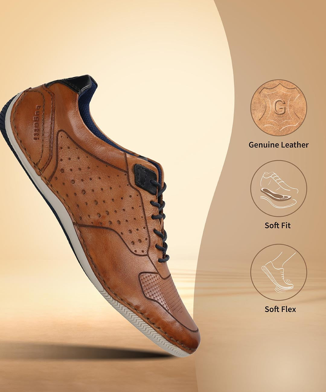 Men's Bugatti stitched cognac leather shoes with a round toe , a tpr outsole , and laces fastening.