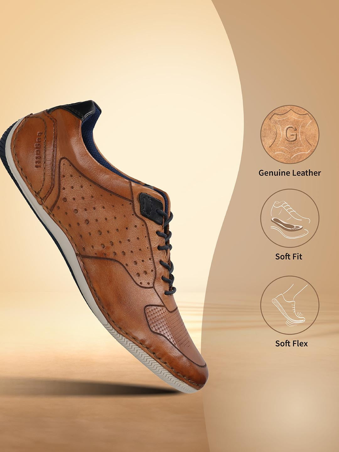 Men's Bugatti stitched cognac leather shoes with a round toe , a tpr outsole , and laces fastening.