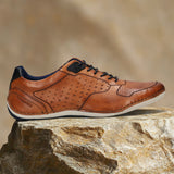 Men's Bugatti stitched cognac leather shoes with a round toe , a tpr outsole , and laces fastening.