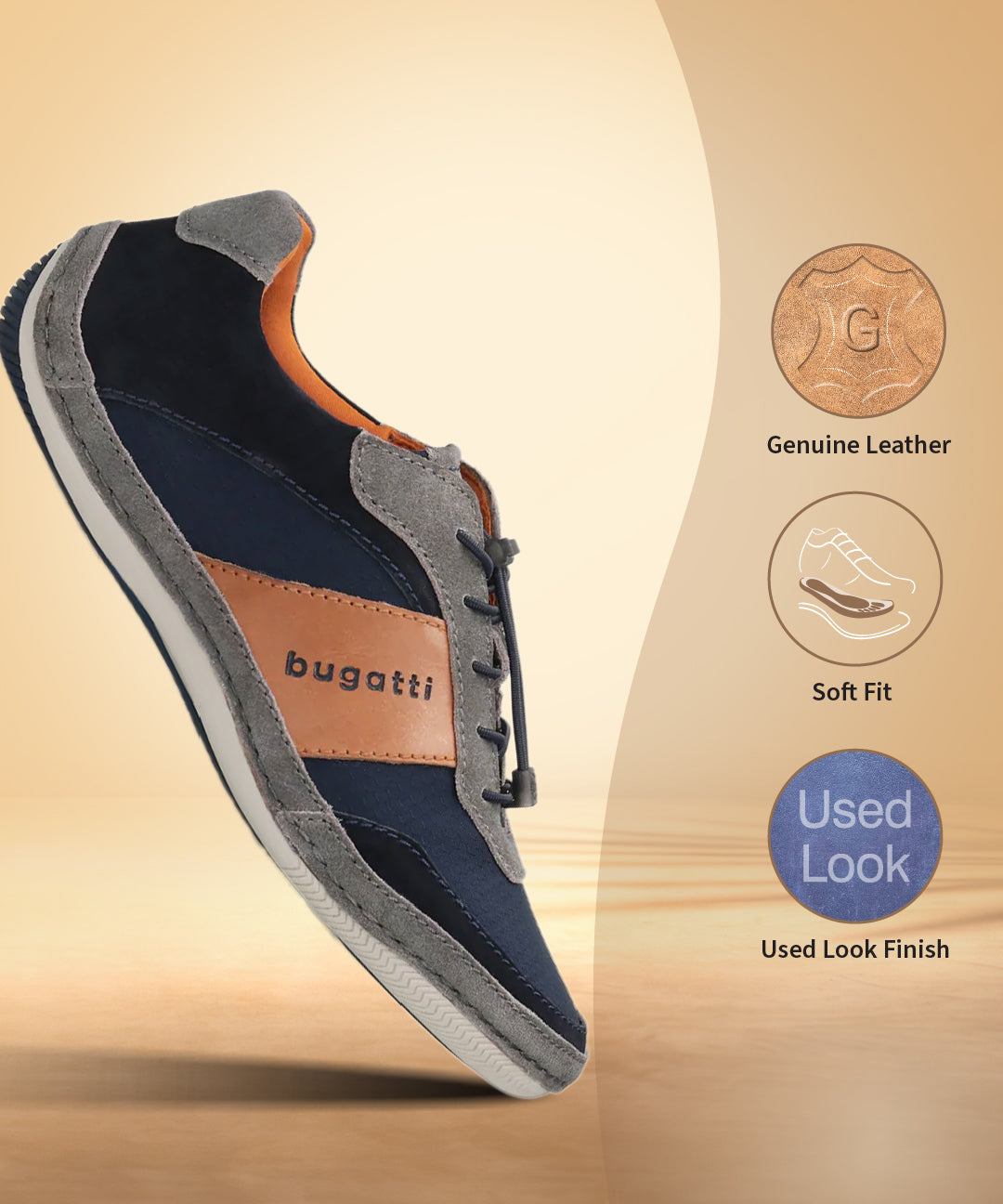 Casual navy and gray sneaker by bugatti, with orange accents and a tan leather band, in a studio shot.
