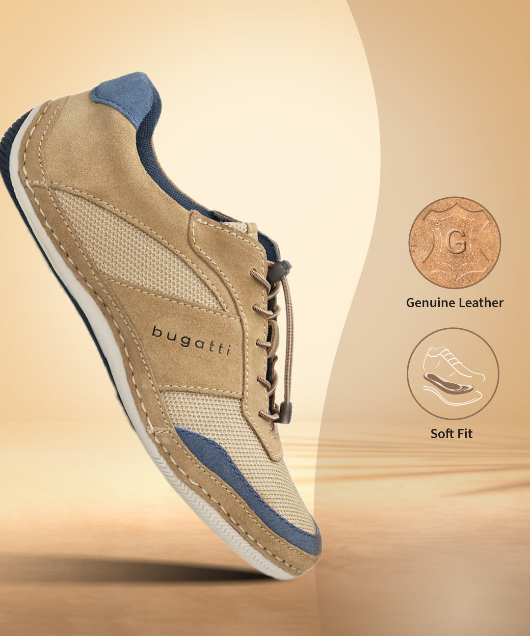 A brown Men's bugatti Sneakers featuring a round toe plain toe, zero heels heel. Made from premium genuine leather with a durable sebs (block copolymer) outsole, this elastic design offers both style and comfort.