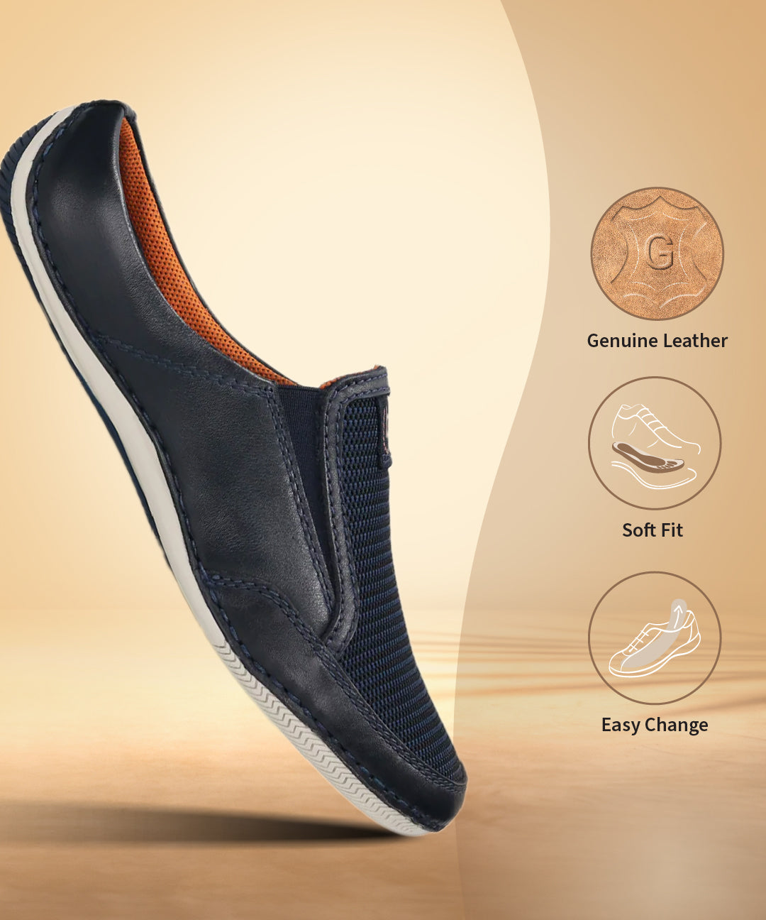 A blue Men's bugatti Mules featuring a round toe plain toe, zero heels heel. Made from premium genuine leather with a durable sebs (block copolymer) outsole, this slip-on design offers both style and comfort.