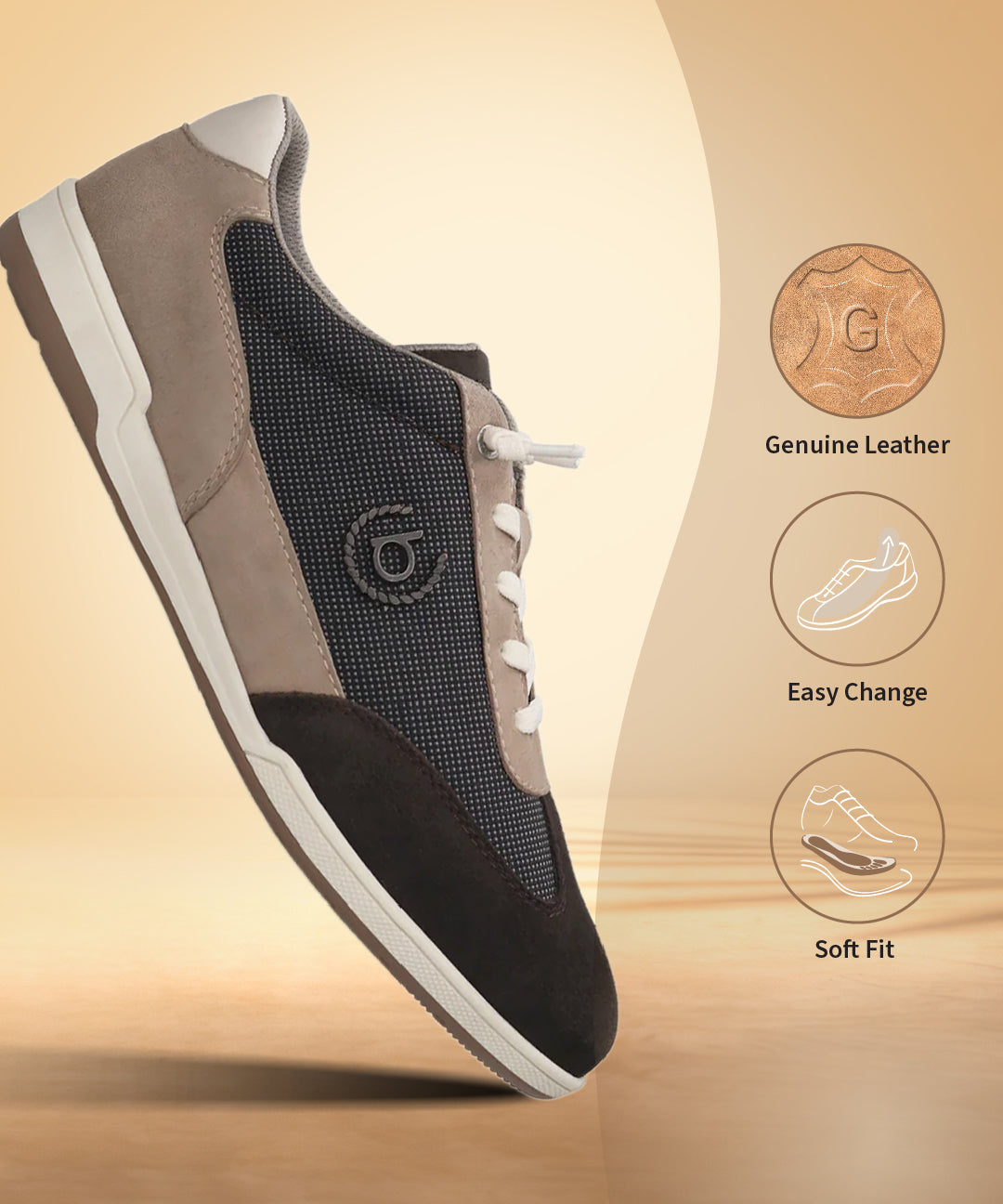 Brown leather comfort sneakers by bugatti with dark suede toe and light tan suede quarter panel.