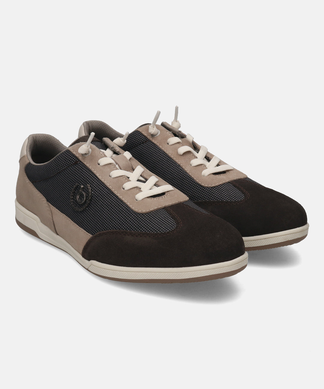 Brown leather sneakers by bugatti, with suede and textile accents, and off-white laces.