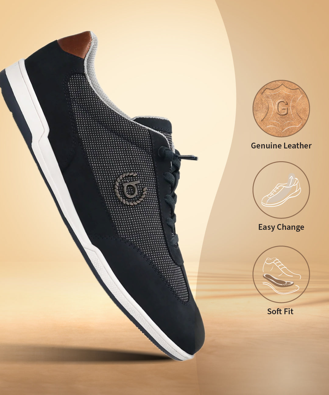 Dark blue leather sneakers by bugatti, with a white sole and tan heel accent.