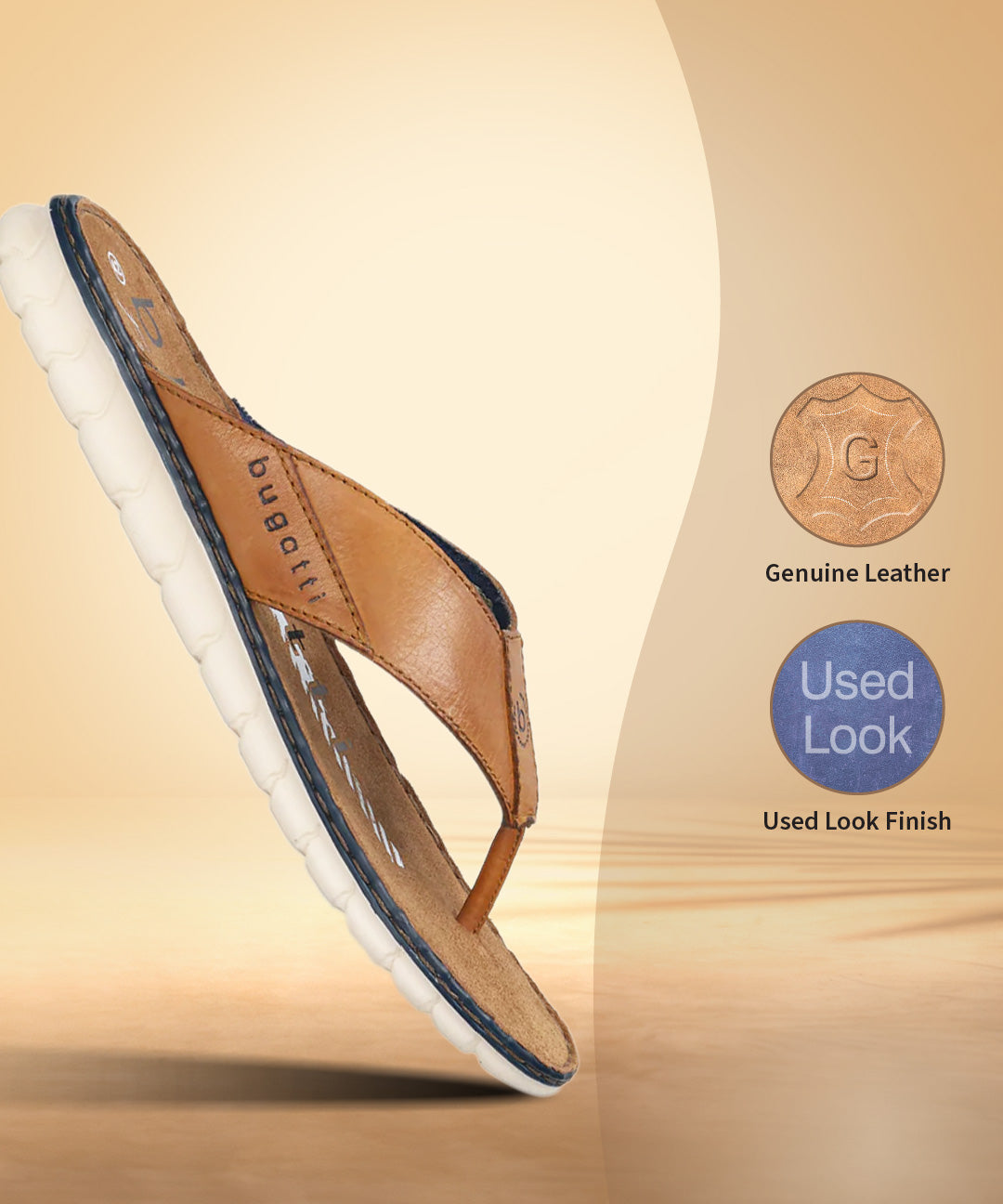 A cognac Men's bugatti Thongs featuring a round open toe, zero heels heel. Made from premium genuine leather with a durable synthetic outsole, this slip-on design offers both style and comfort.