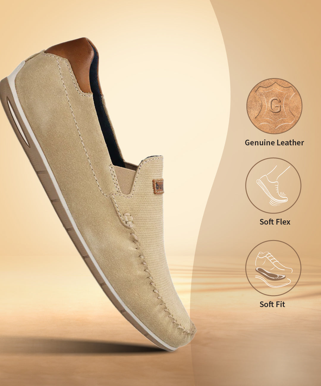 A brown Men's bugatti Casual Loafers featuring a square toe apron toe, zero heels heel. Made from premium genuine leather with a durable tr outsole, this slip-on design offers both style and comfort.