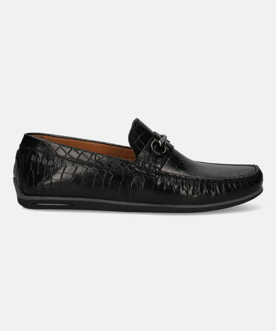 Black leather slip-on loafer by bugatti, featuring an alligator skin pattern and a metal accent piece.