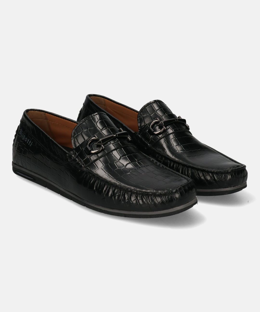 Black leather loafer by bugatti with crocodile print and metal accents.