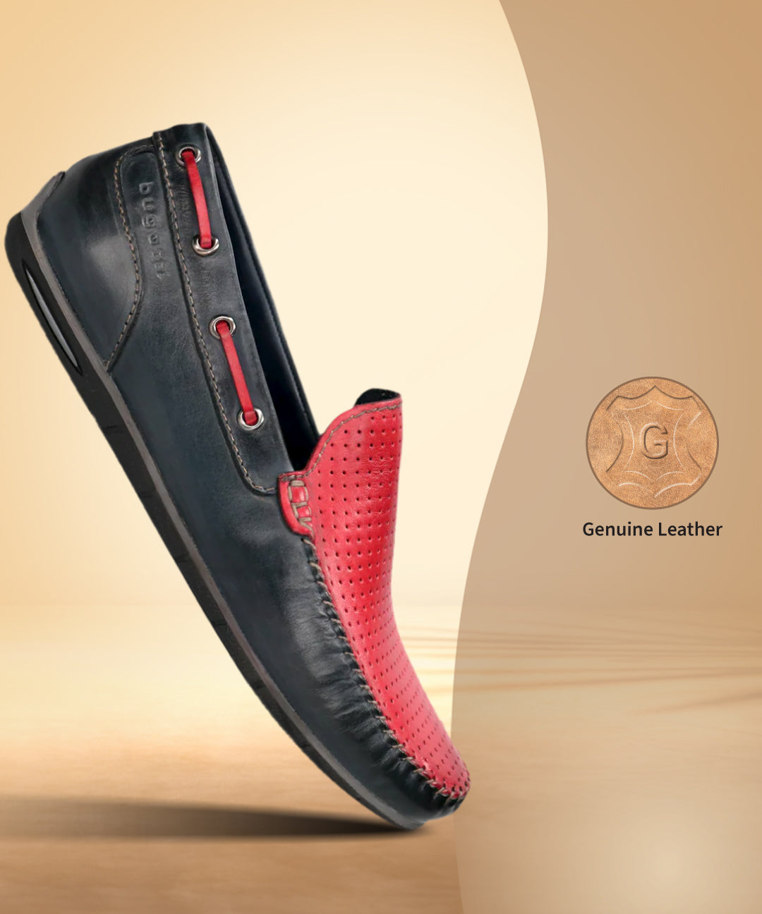 bugatti Chesley dark blue leather slip-on shoe with red accents, shown at an angle.
