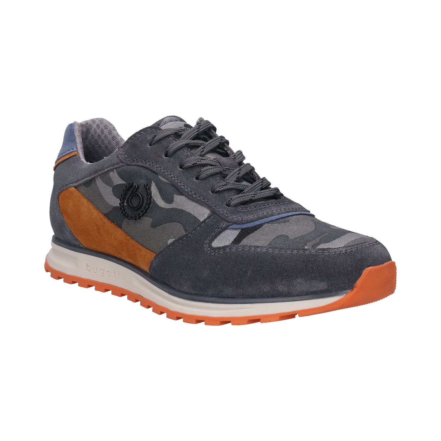 Side view of a bugatti Cirino Grey Premium Leather Comfort Sneakers with camouflage pattern, gray suede, and orange accents.
