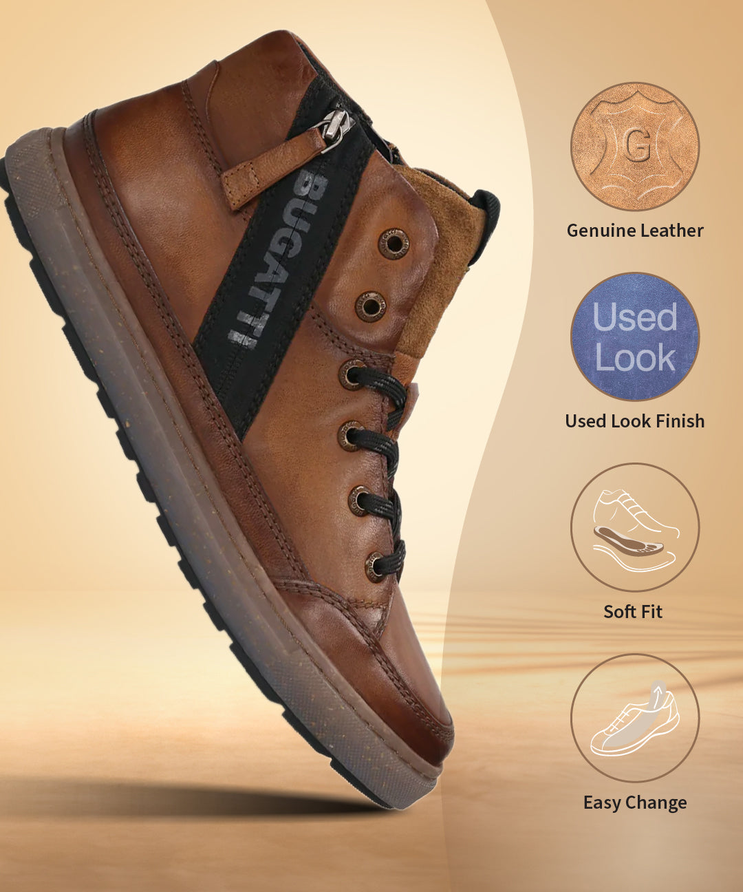A cognac Men's bugatti Casual Boots featuring a round toe plain toe, zero heels heel, and a wide fit. Made from premium genuine leather with a durable tr outsole, this zipper design offers both style and comfort.