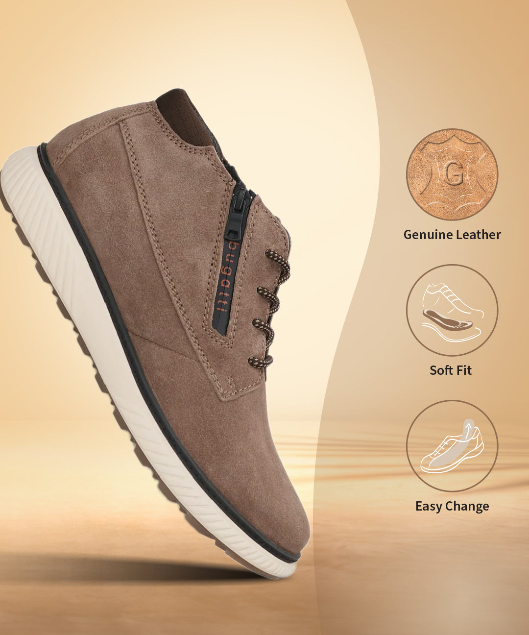 Taupe premium leather sneaker by bugatti, with a white sole and brown patterned laces.