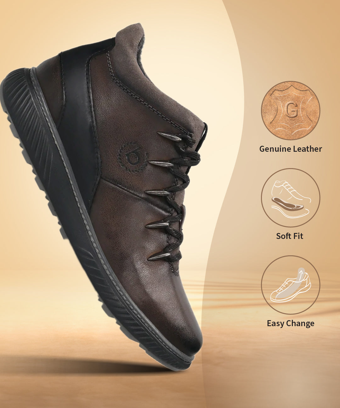A grey Men's bugatti Sneakers featuring a round toe plain toe, zero heels heel, and a wide fit. Made from premium genuine leather with a durable tpr outsole, this zipper design offers both style and comfort.
