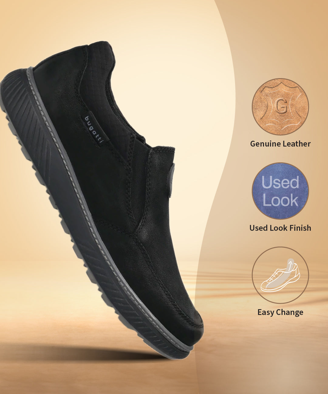 A black Men's bugatti Casual Loafers featuring a round toe plain toe, zero heels heel, and a wide fit. Made from premium genuine leather with a durable tpr outsole, this slip-on design offers both style and comfort.