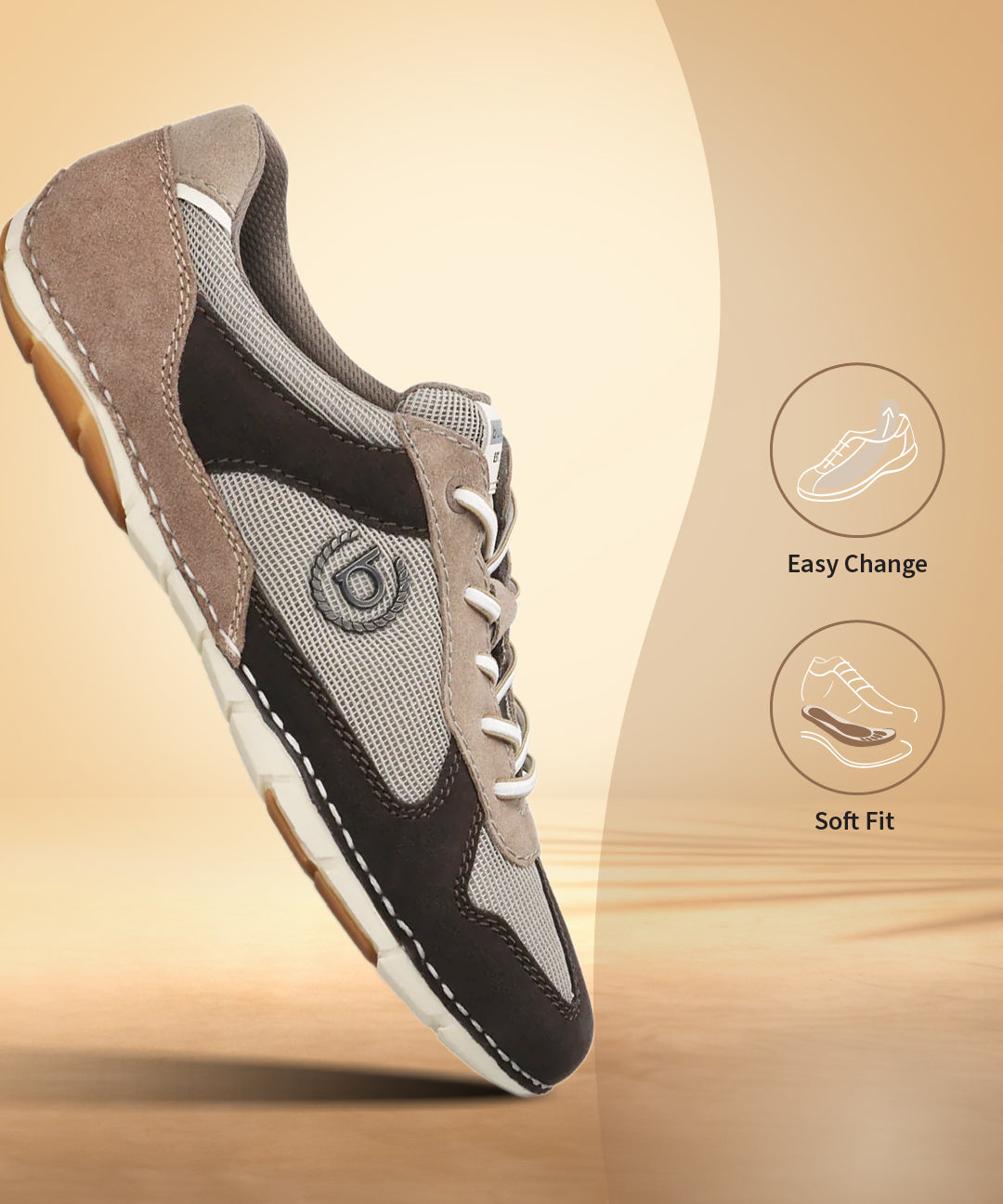 A brown Men's bugatti Sneakers featuring a round plain toe, zero heels heel. Made from suede leather with a durable sebs (block copolymer) outsole, this laces design offers both style and comfort. easy change sole and soft fit 