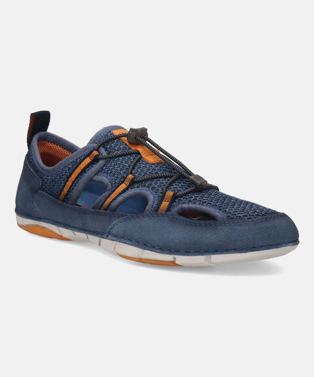 Blue comfort sneaker by bugatti featuring orange accents and a toggle lace closure.