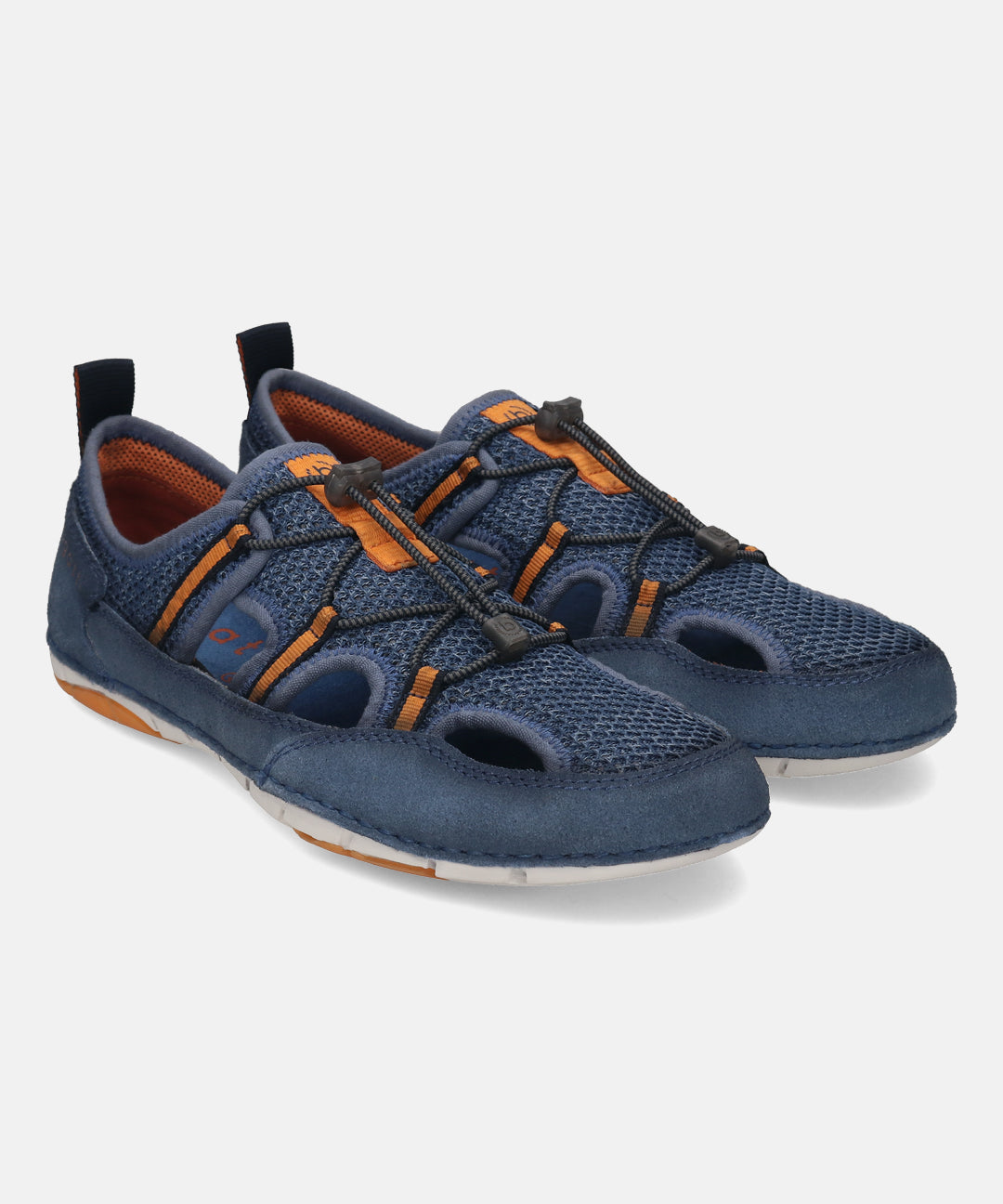 Blue comfort sneakers by bugatti featuring a breathable mesh upper with orange accents and drawstring lacing.