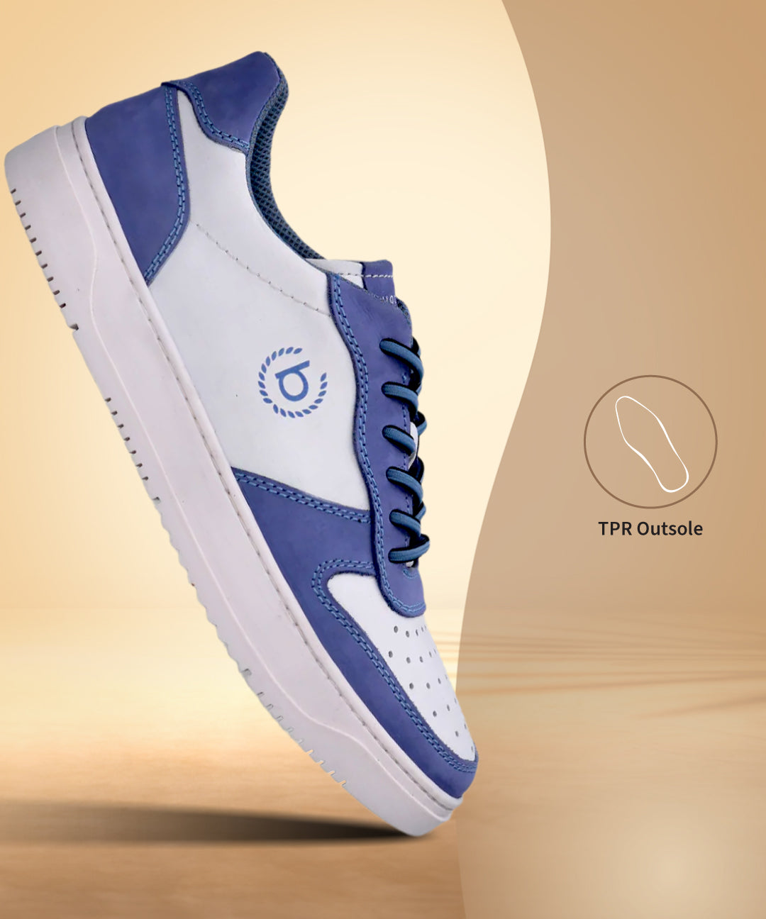 bugatti Humas Light Blue Premium Leather Comfort Sneaker shown at an angle, featuring white and blue paneling and a white sole.
