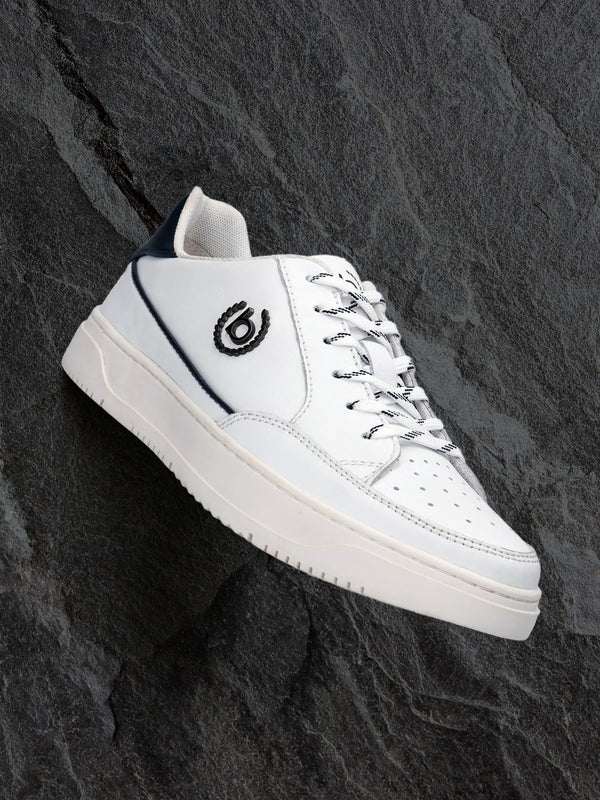 A white Men's bugatti Sneakers featuring a round plain toe, zero heels heel, and a wide fit. Made from premium genuine leather with a durable tpr outsole, this laces design offers both style and comfort.