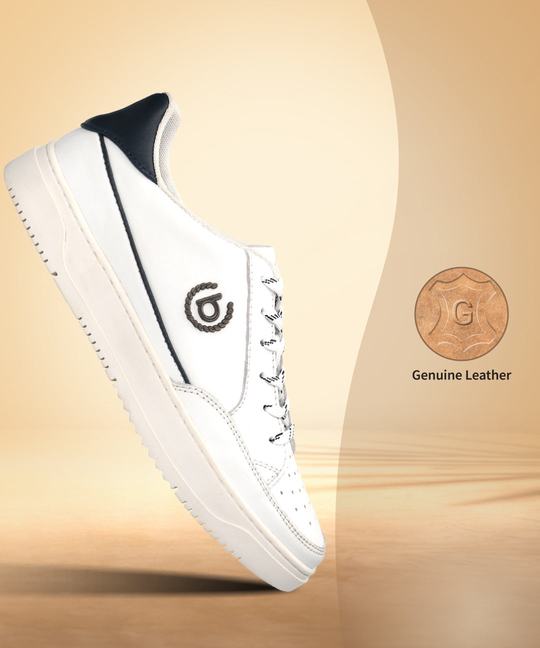 Side view of a white bugatti Humus sneaker, made of premium leather with navy detailing.