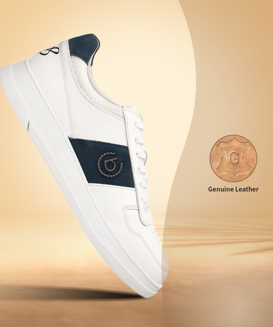 Off-white leather sneakers by bugatti, featuring a dark blue accent on the side and back heel.