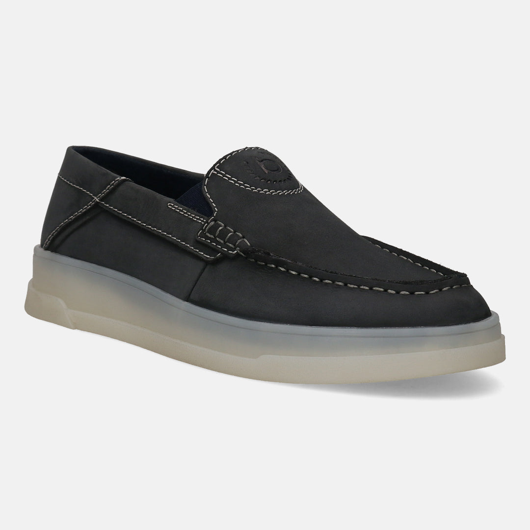 A blue Men's bugatti Loafers featuring a round toe apron toe, zero heels heel, and a wide fit. Made from nubuck leather with a durable tpr outsole, this slip-on design offers both style and comfort.