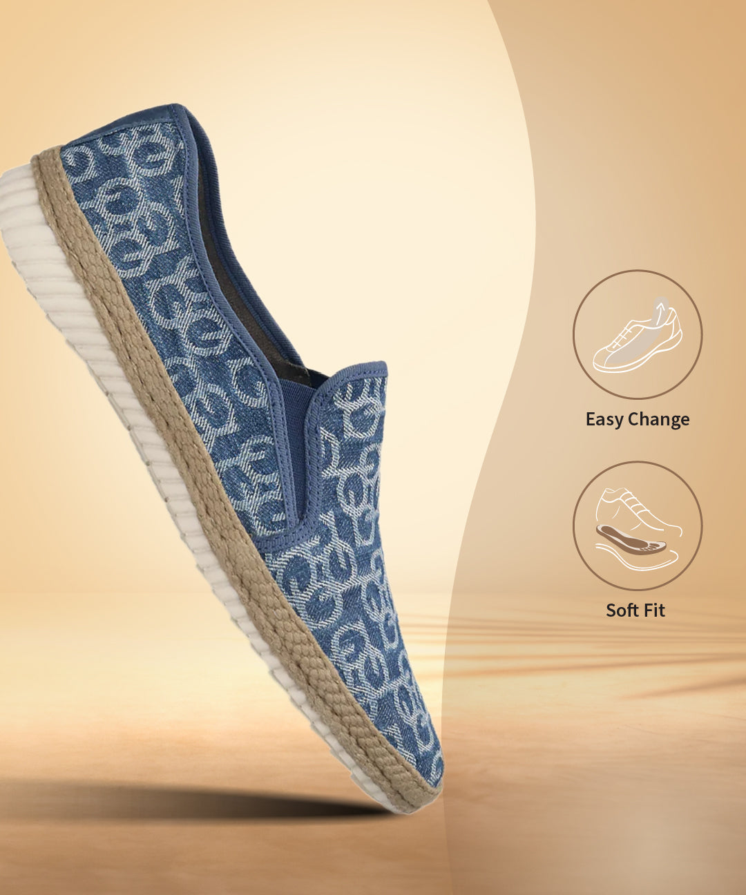 Blue casual slip-on shoes by bugatti, featuring a repeating pattern and braided jute trim.