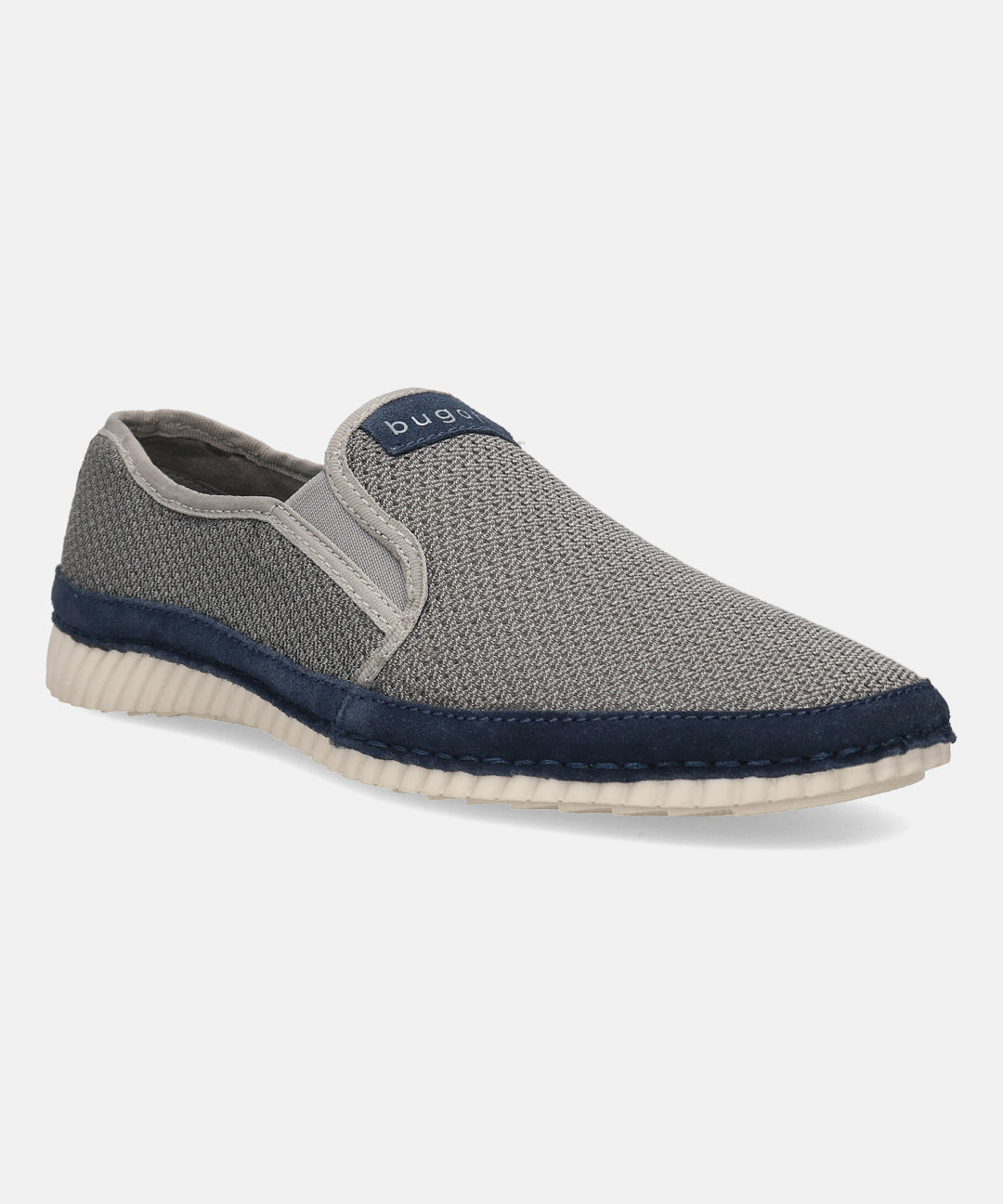 Light grey casual slip-on shoes by bugatti with a textured finish and dark blue accent trim.