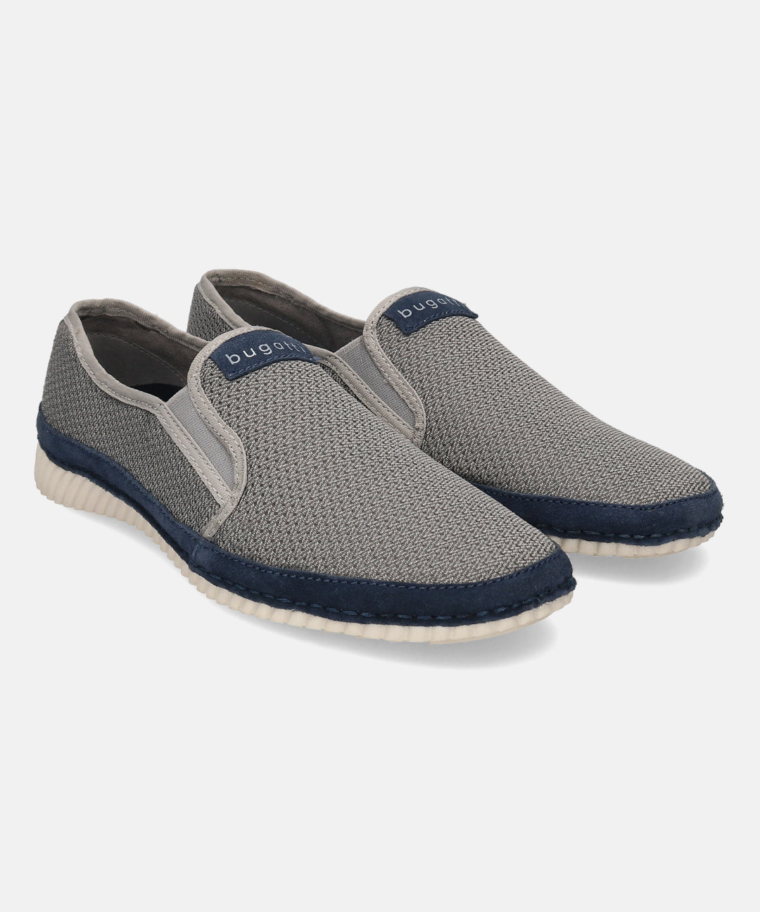 Light grey casual slip-ons by bugatti, featuring a woven texture and a navy blue accent trim.