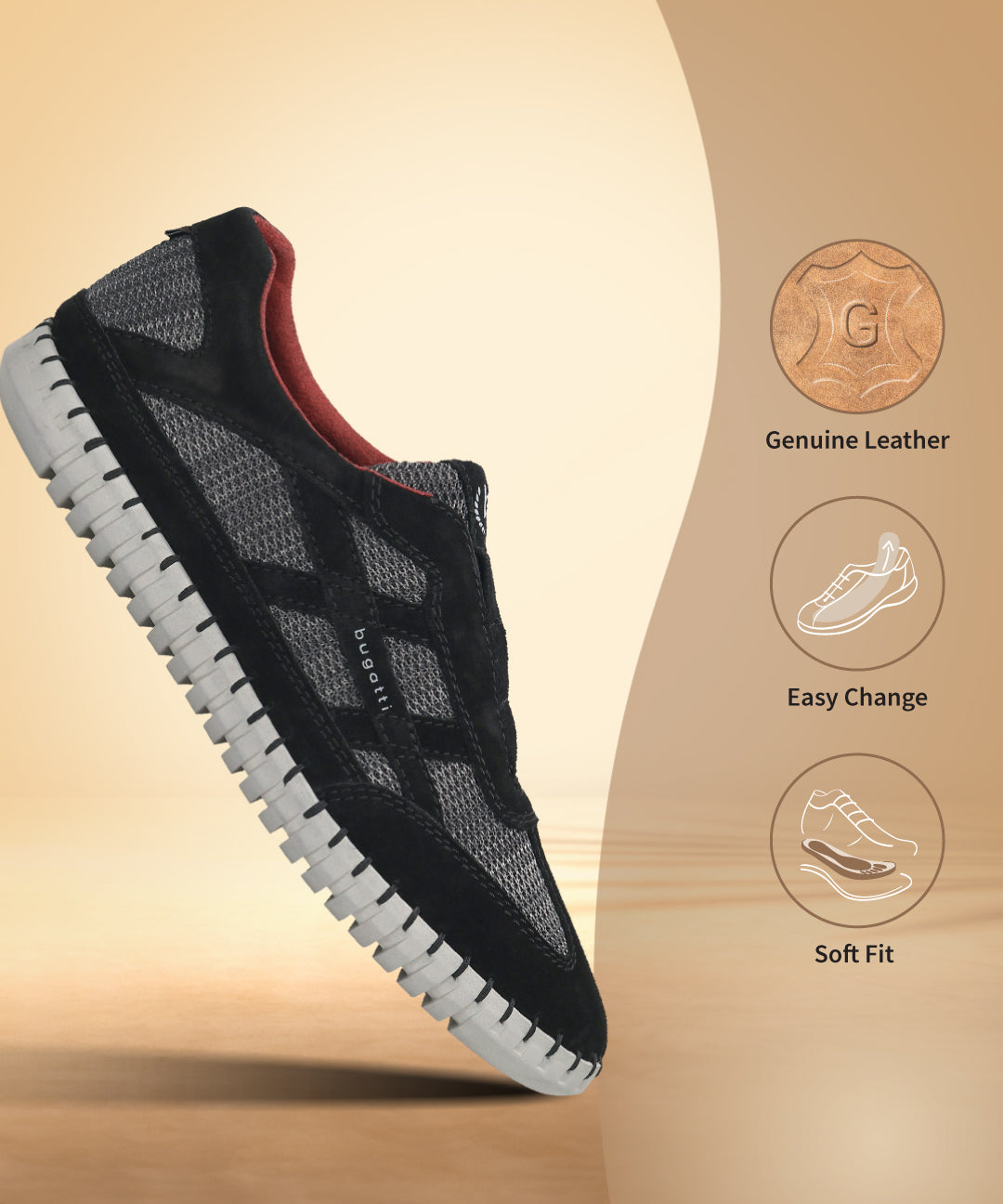 Side view of a black bugatti Baloo sneaker featuring a leather and mesh upper and a white ridged sole.