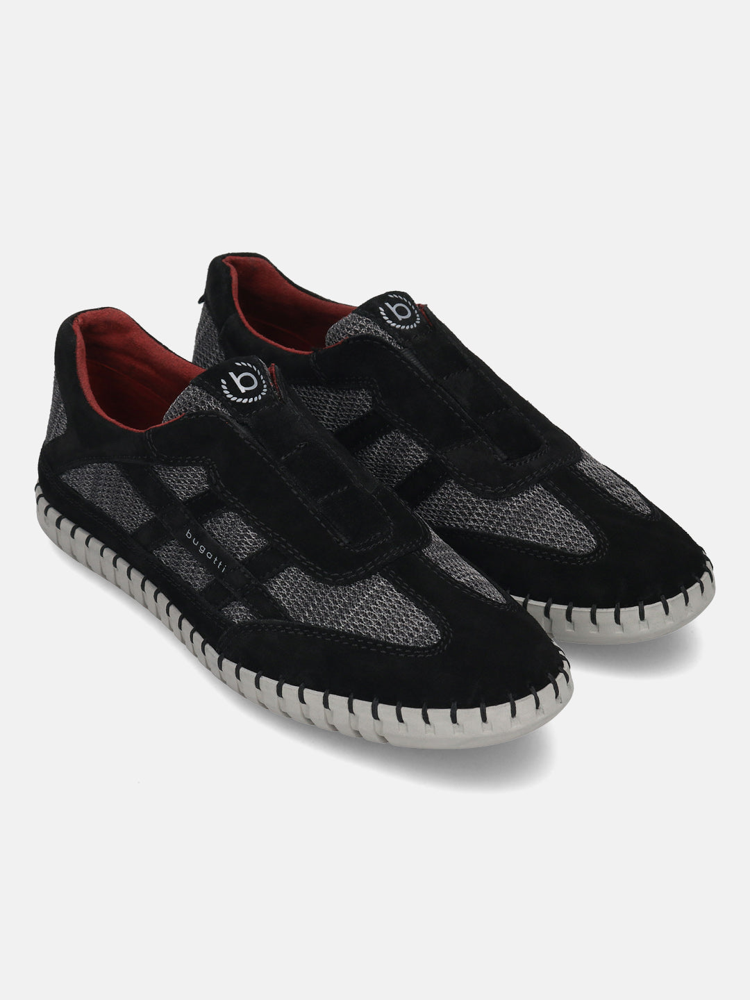 Men's Bugatti stitched black leather shoes with a round toe , a rubber outsole , and laces fastening.