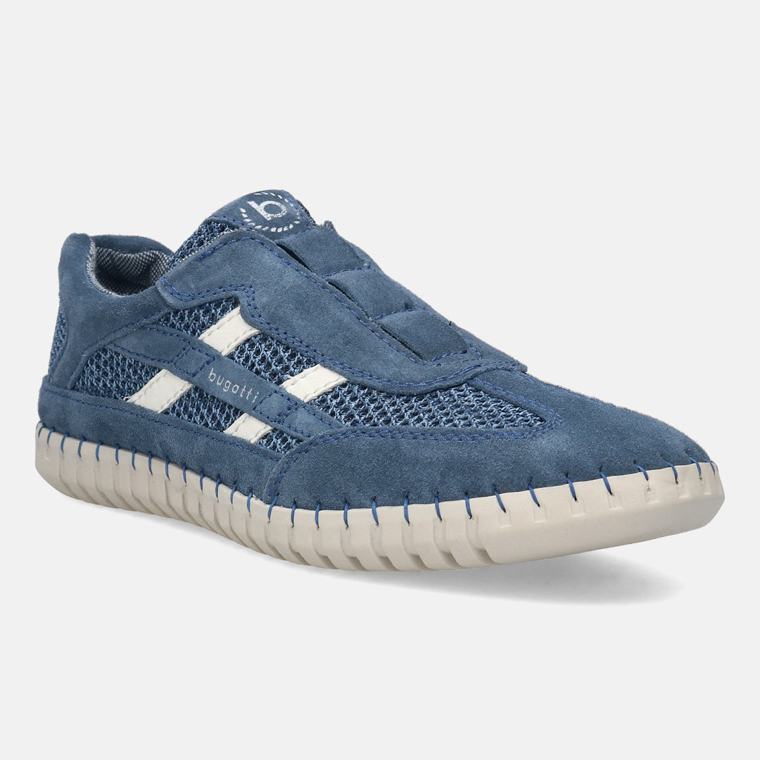 A blue Men's bugatti Slip-On Sneakers featuring a round plain toe, zero heels heel. Made from suede leather with a durable rubber outsole, this slip-on design offers both style and comfort.