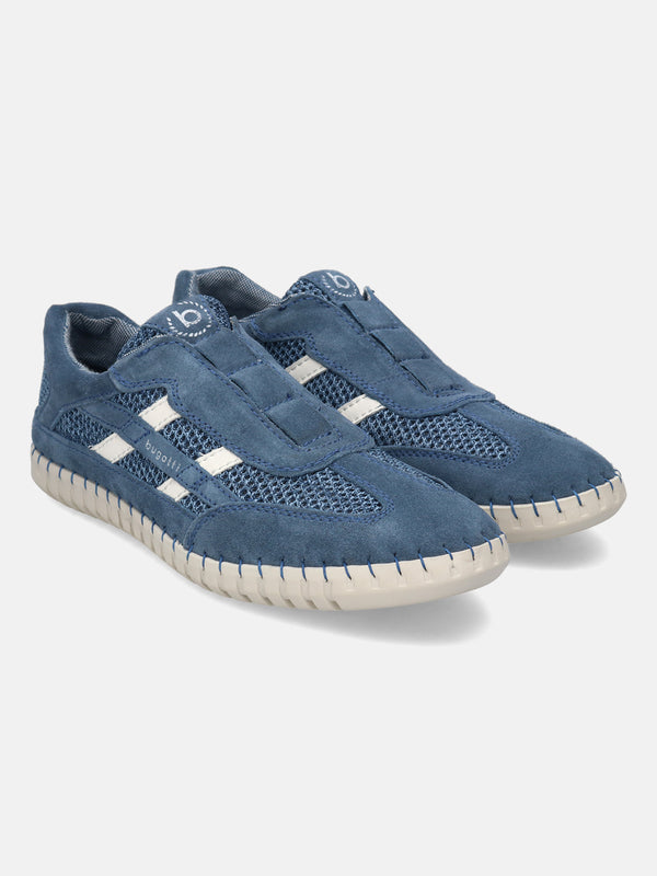 A blue Men's bugatti Slip-On Sneakers featuring a round plain toe, zero heels heel. Made from suede leather with a durable rubber outsole, this slip-on design offers both style and comfort.