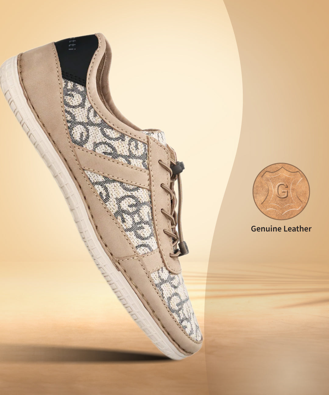 Side view of a bugatti Bimini beige sneaker, detailed with patterned textile inlays and no-tie laces.
