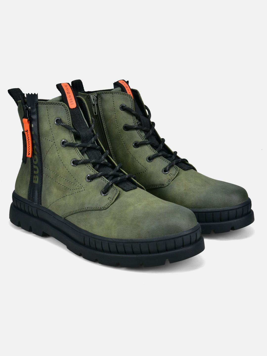 A green Men's bugatti Casual Boots featuring a round toe plain toe, zero heels heel. Made from synthetic with a durable tpr outsole, this zipper design offers both style and comfort.