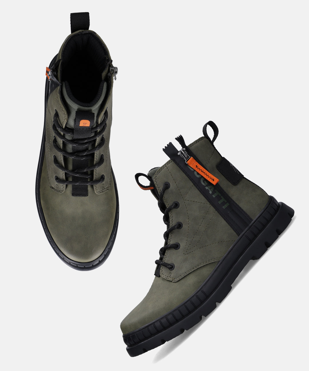 Dark green bugatti Pallario casual boots with black laces, zip detail, and lug soles.
