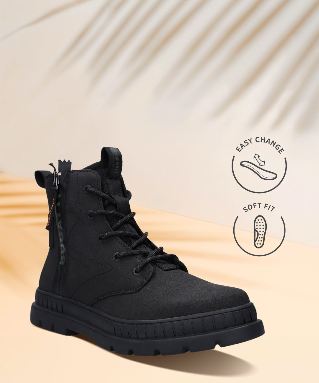 Black bugatti Pallario casual boots with a lace-up closure, lug sole, and a textile upper.