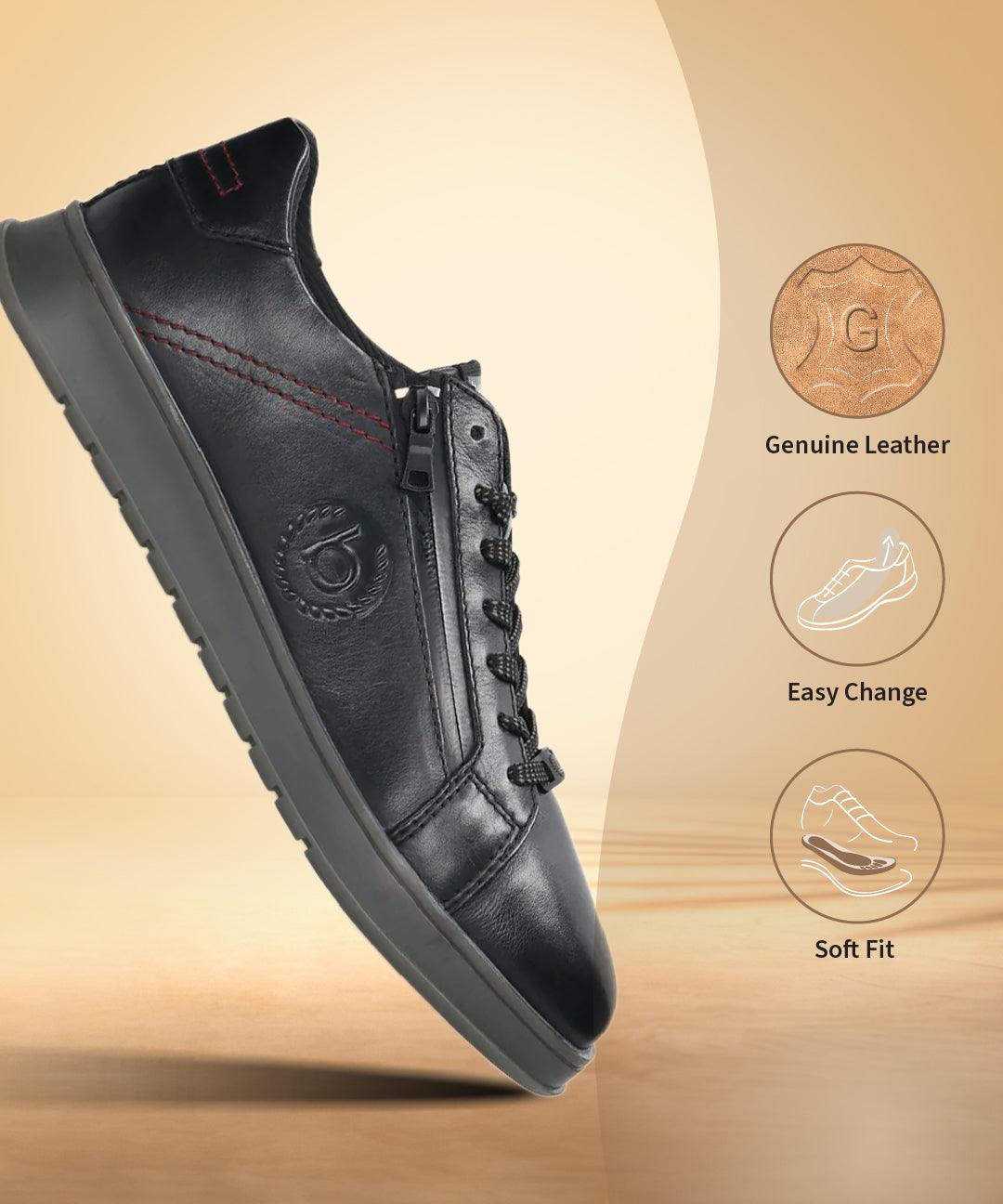 Black leather sneakers by bugatti with side zipper, decorative stitching, and textured rubber sole.
