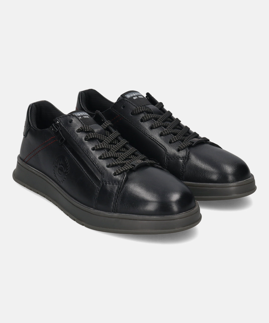 Black leather comfort sneakers by bugatti with dark laces and a side zipper.