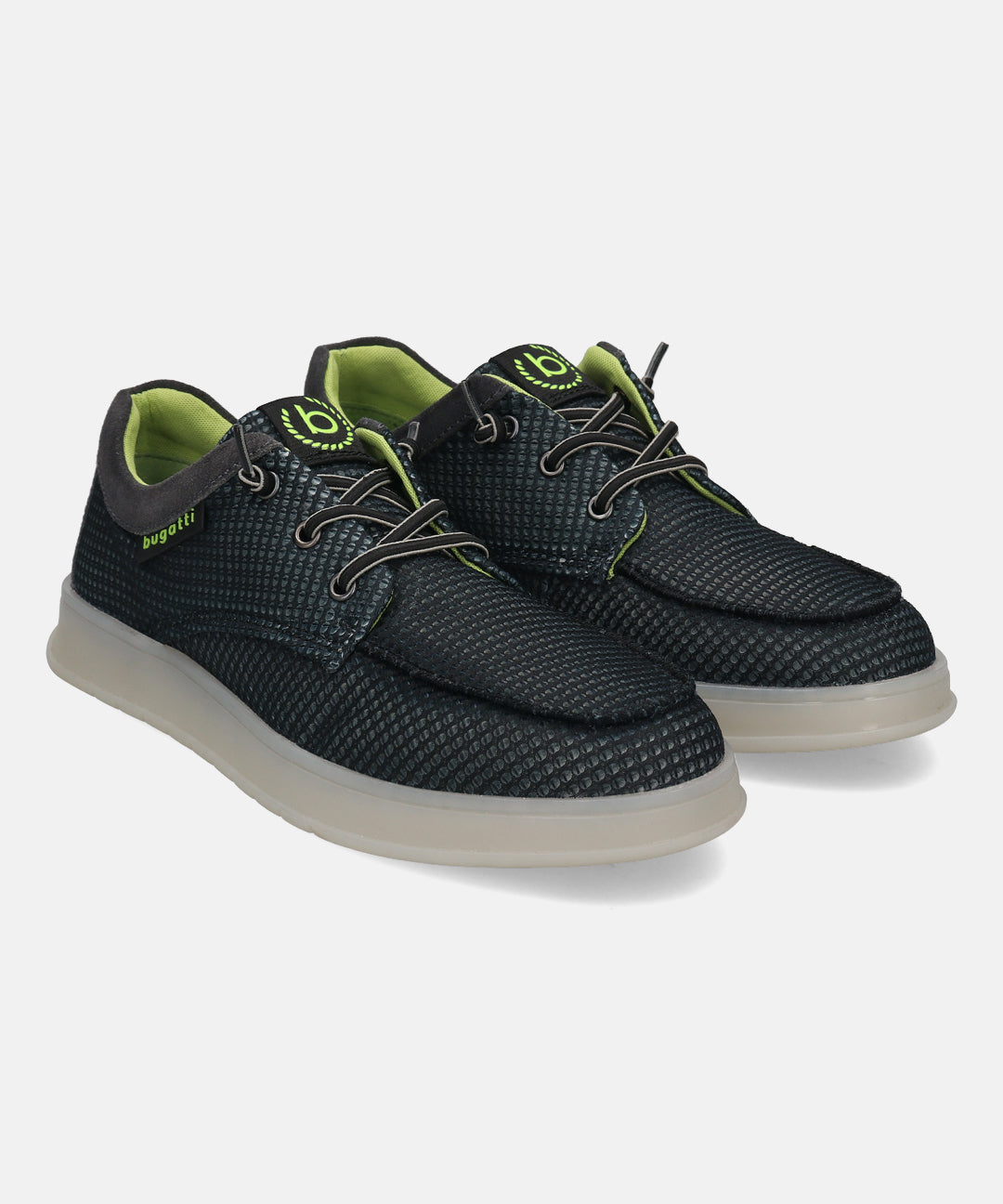 Black comfort sneakers by Bugatti, with a textured pattern, gray trim, and neon green accents.