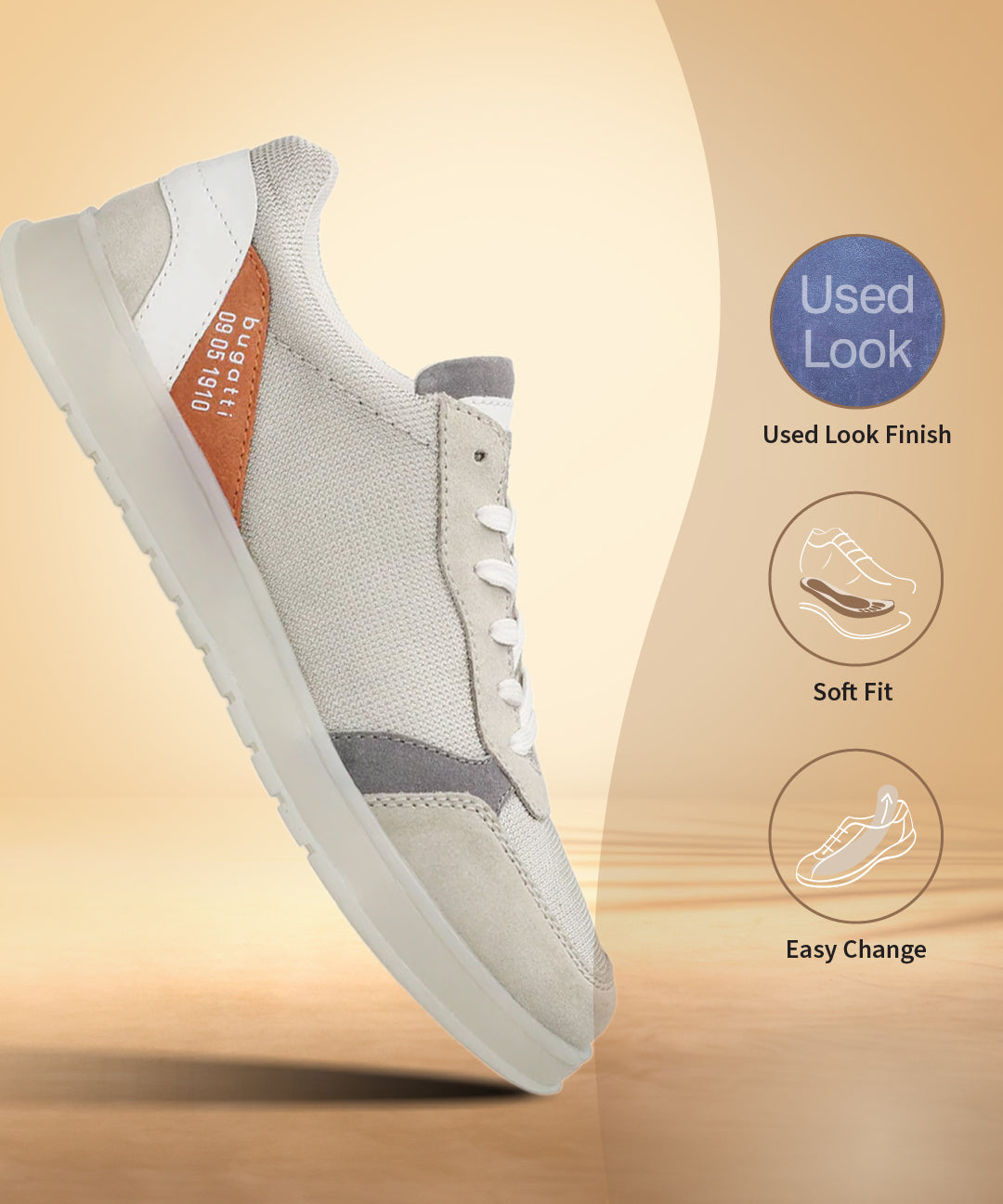 Grey comfort sneakers by bugatti with white laces, grey suede panels, and light sole.