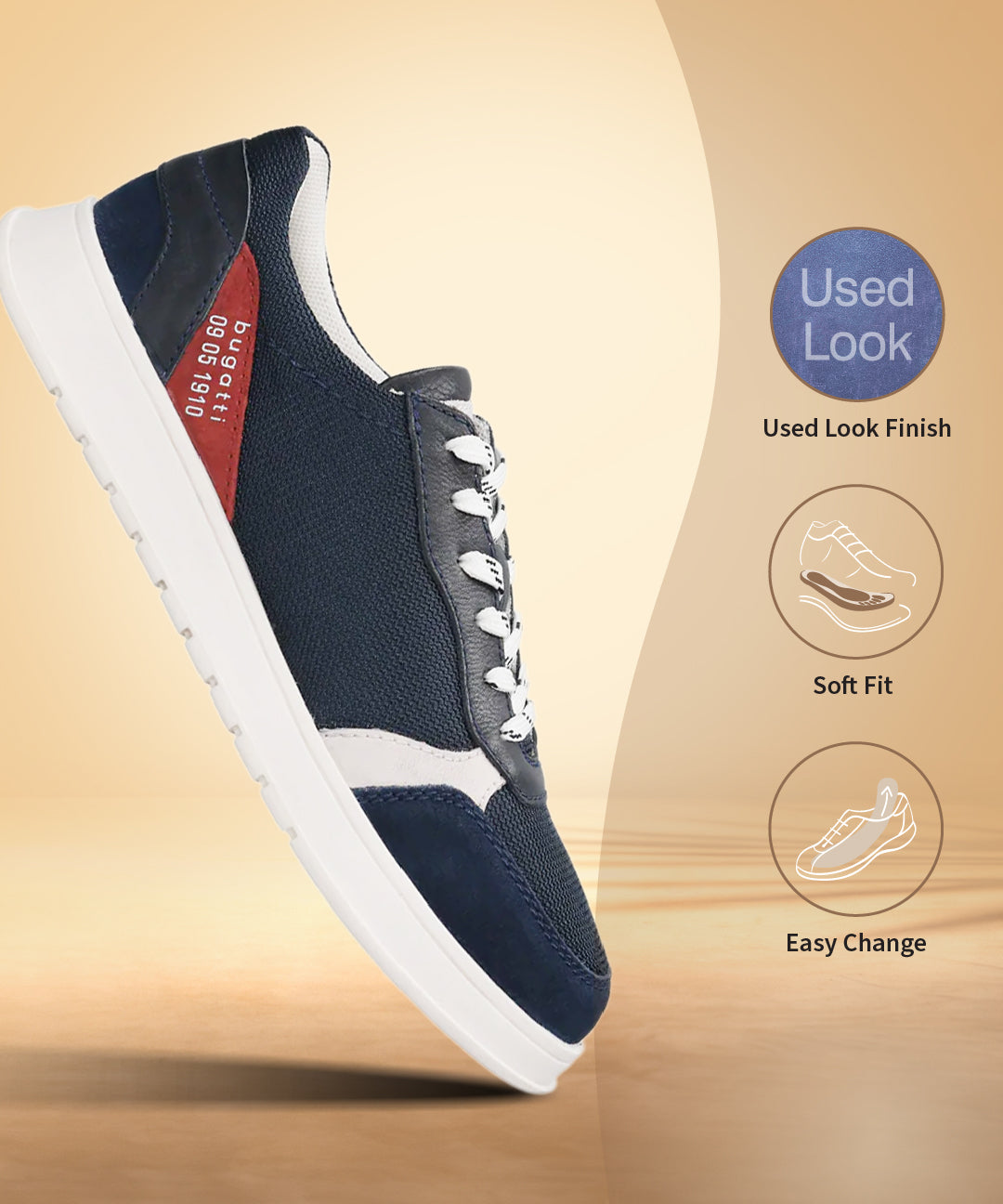 Dark blue comfort sneakers by bugatti with white laces and sole, along with red and white accents.