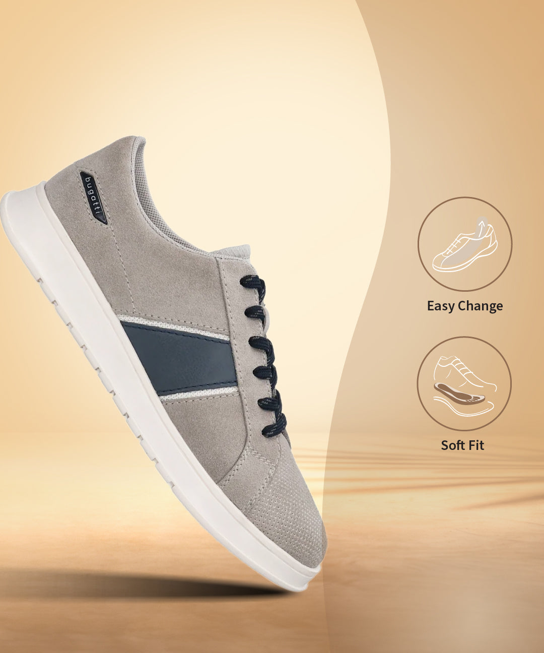 Grey premium leather sneakers by bugatti with navy blue accents, white soles, and black laces.