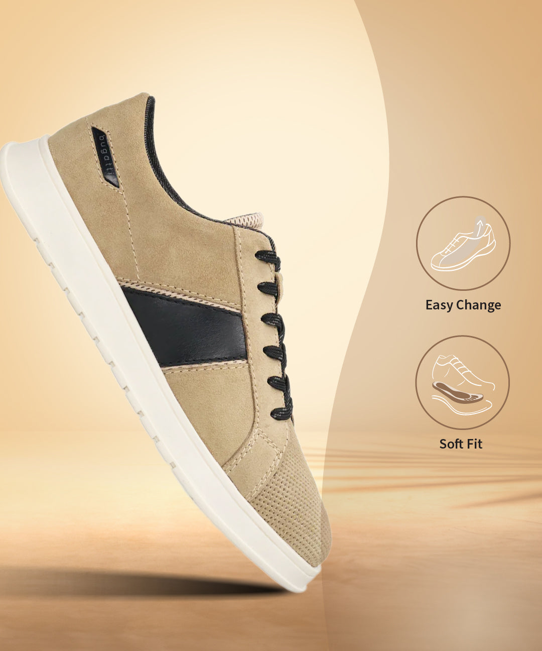 Beige leather sneaker by bugatti, with black accents and black laces, floating at an angle.