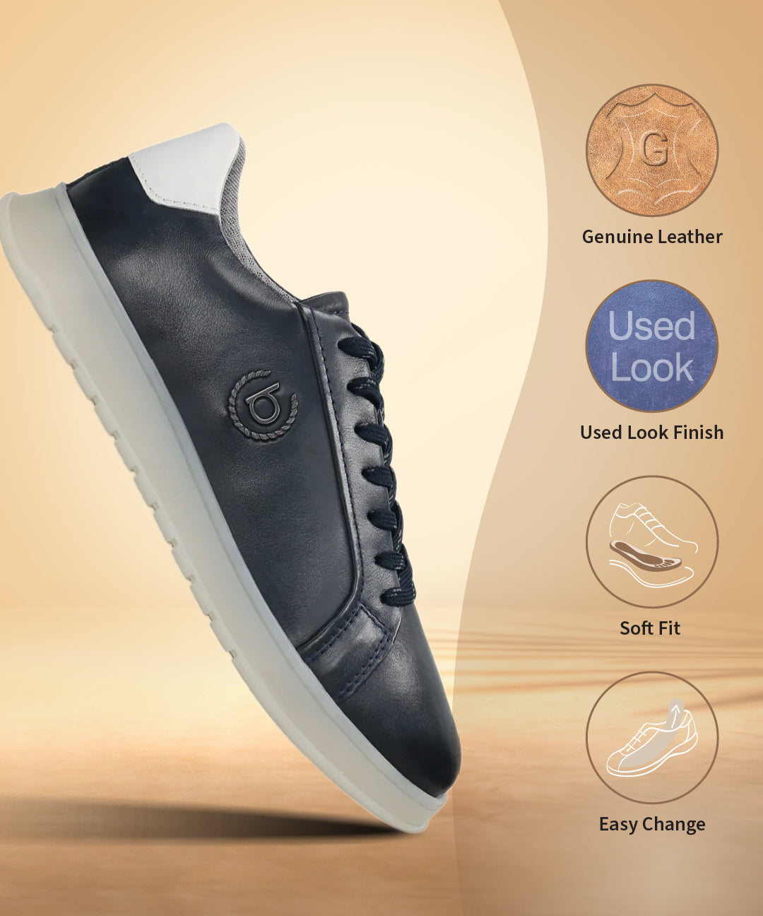 Dark blue leather comfort sneakers by bugatti with a white sole and heel accent.