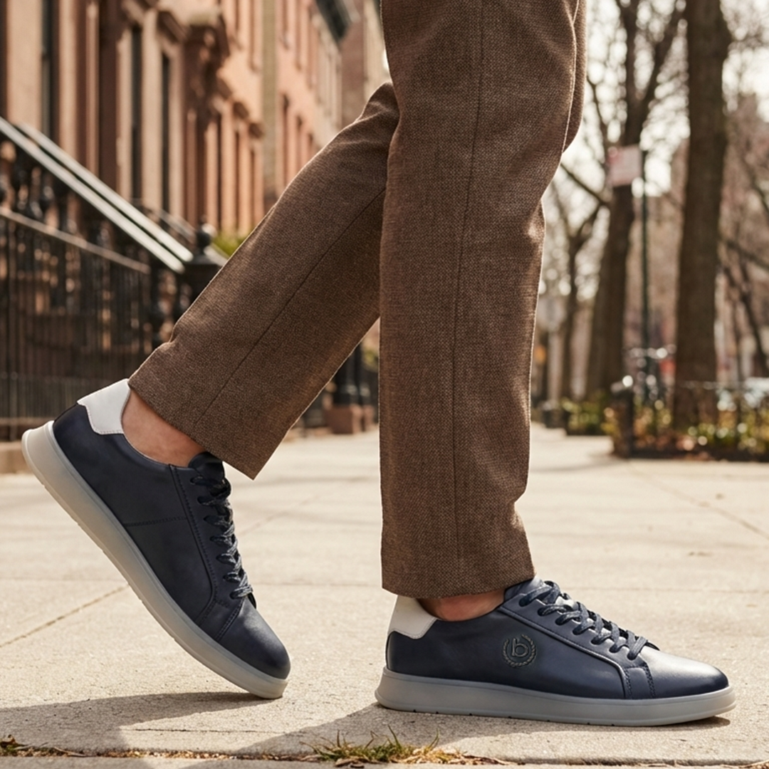 Lifestyle view of bugatti Fiero dark blue leather sneakers with a light grey sole and heel.