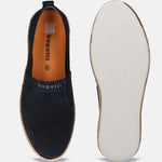 A blue Men's bugatti Espadriles featuring a round toe plain toe, zero heels heel. Made from suede leather with a durable tpr outsole, this slip-on design offers both style and comfort.