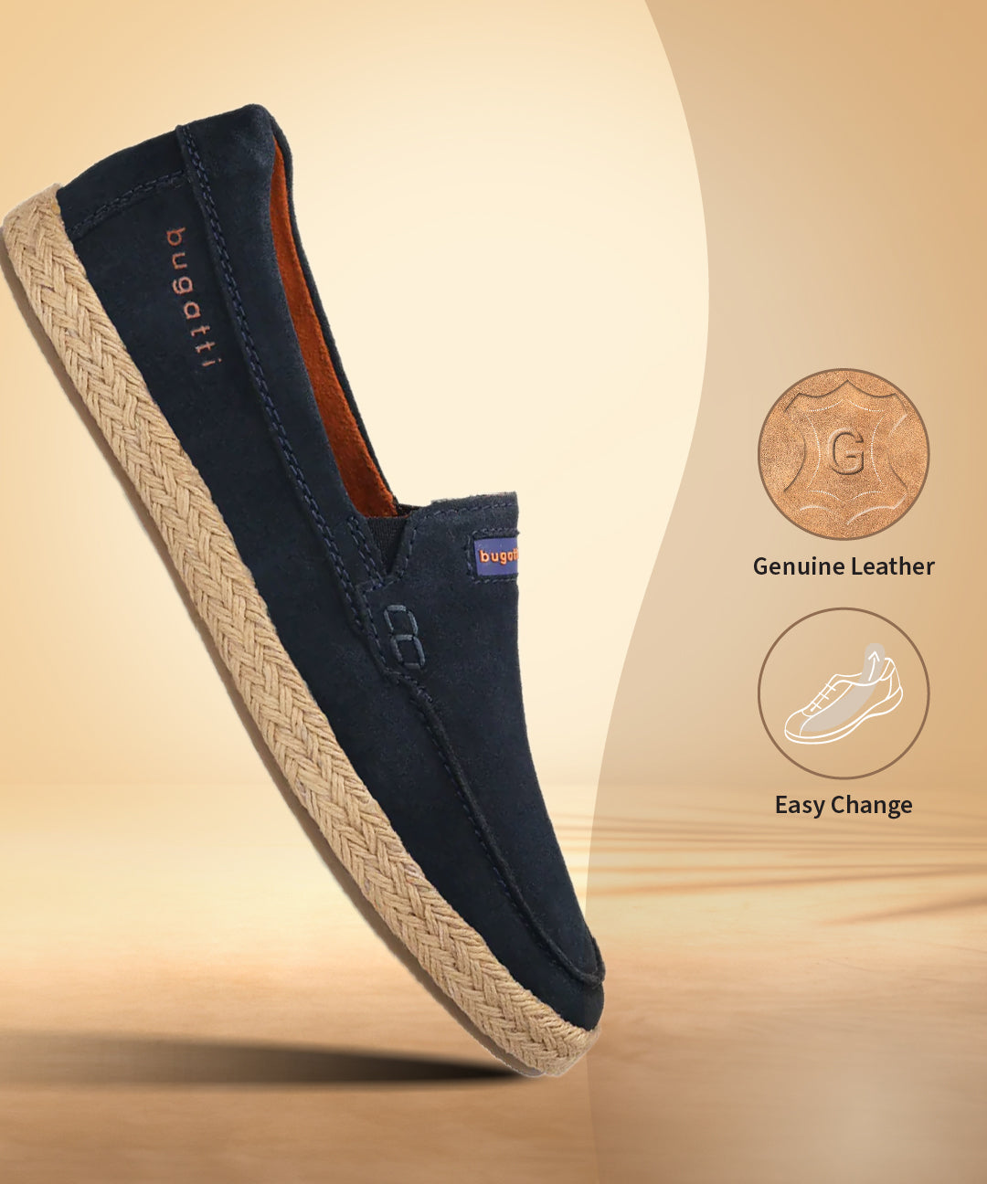 A blue Men's bugatti Casual Loafers featuring a round toe apron toe, zero heels heel. Made from premium genuine leather with a durable tpr outsole, this slip-on design offers both style and comfort.